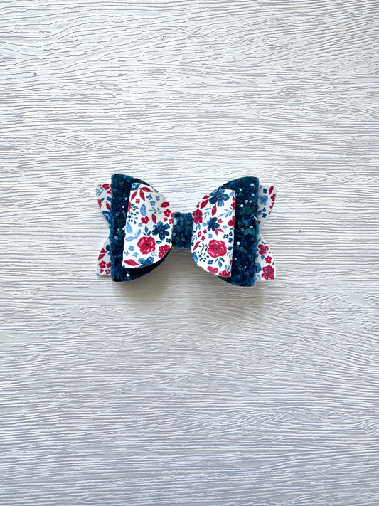 Teal Glitter Patriotic Floral Payton Bow