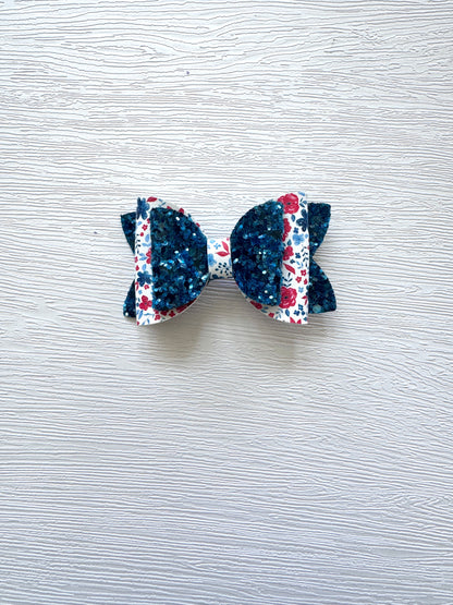 Teal Glitter Patriotic Floral Payton Bow