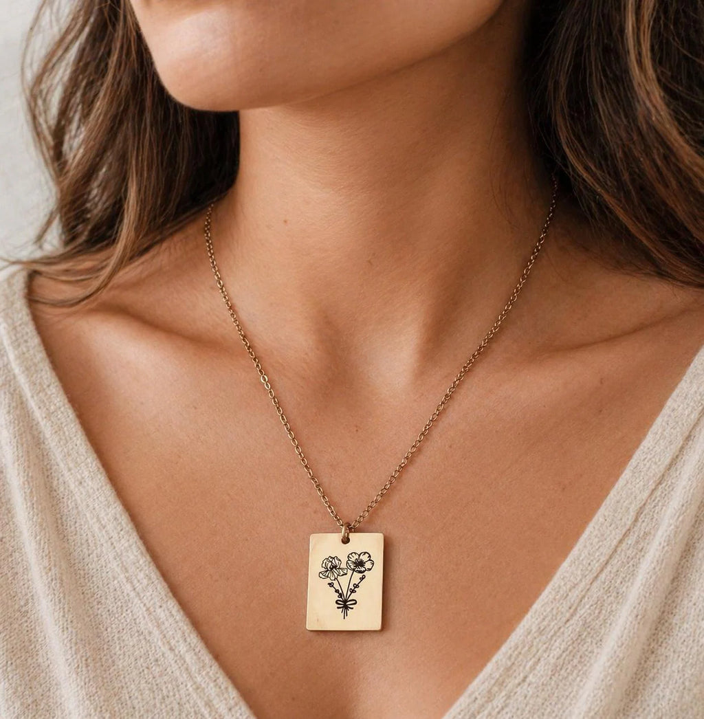 Custom Birth Flower Necklace Rectangle