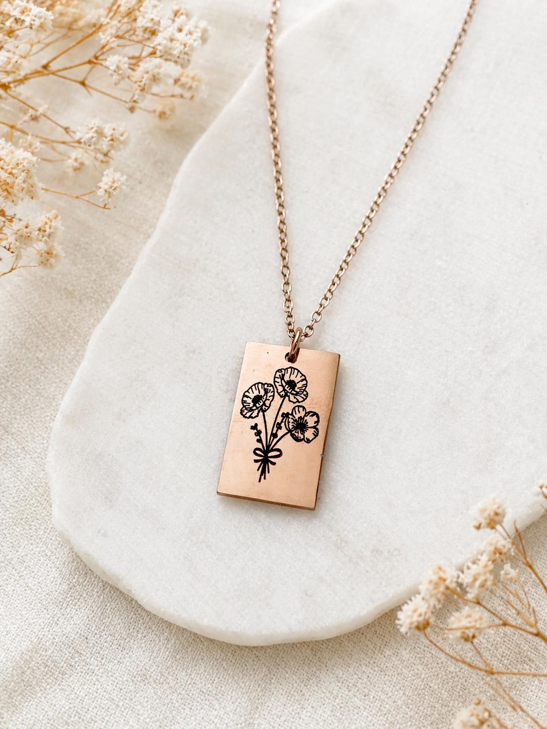 Custom Birth Flower Necklace Rectangle