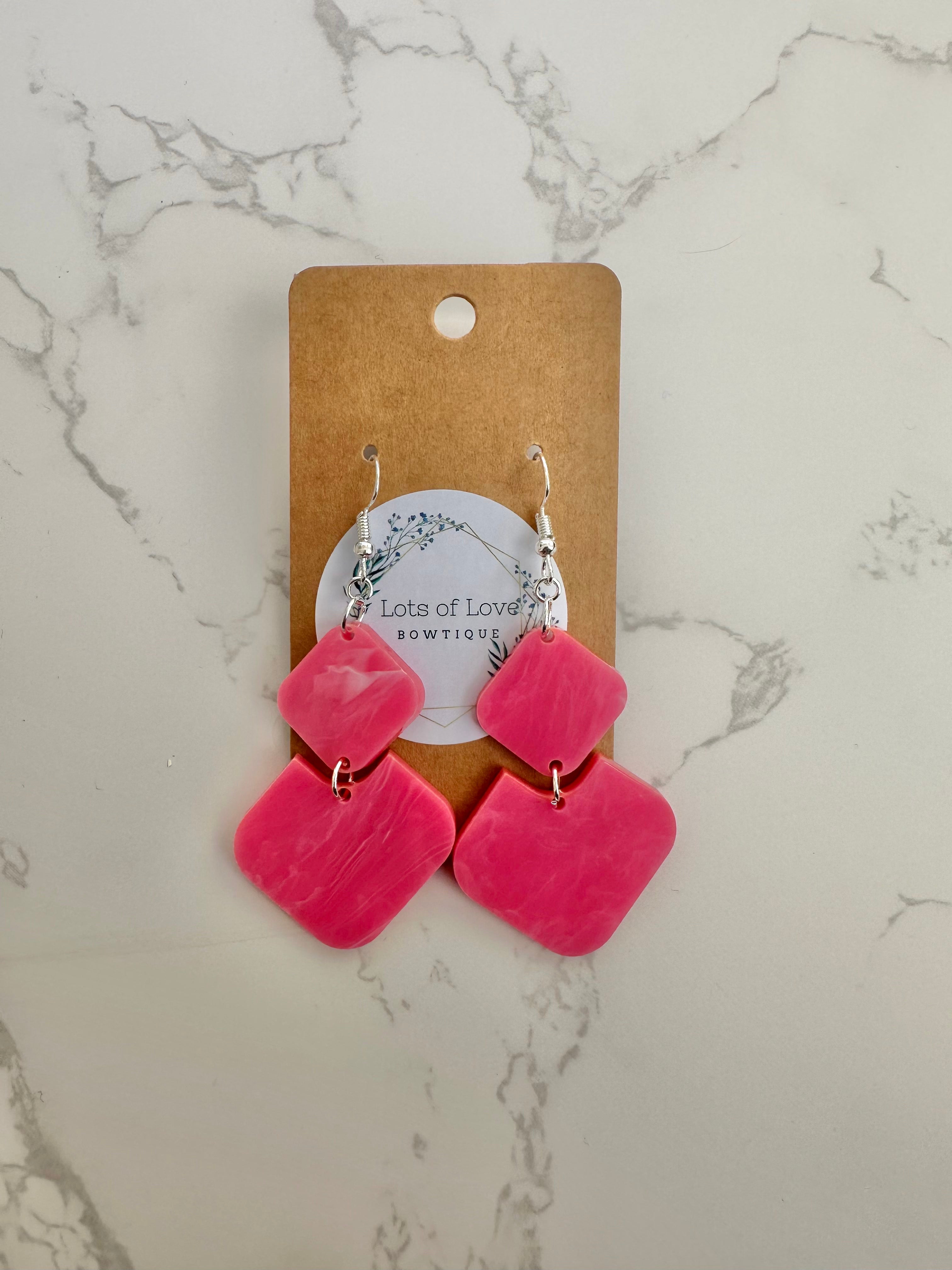Pink Marble Acrylic Diamond Drop Earrings