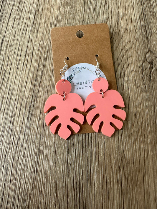 Matte Coral Monstera Leaf Earrings