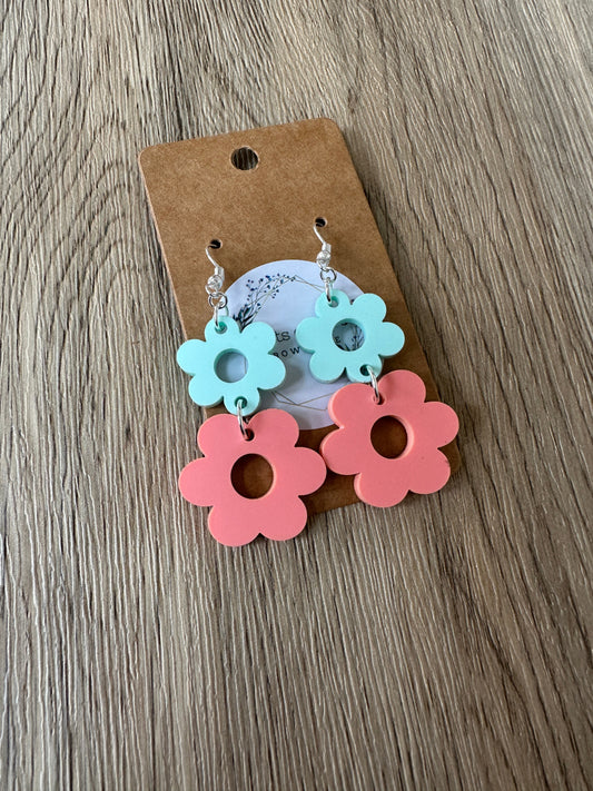 Mint and Coral Double Daisy Earrings