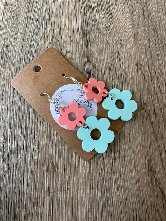 Coral and Mint Double Daisy Earrings