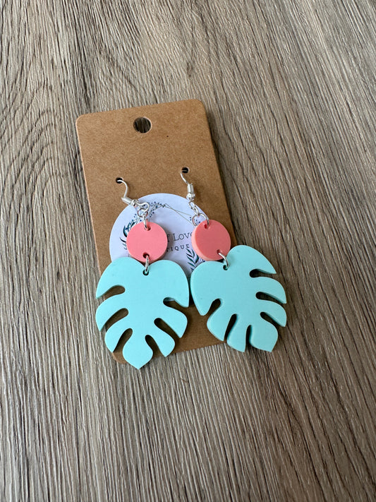 Coral with Mint Monstera Earrings