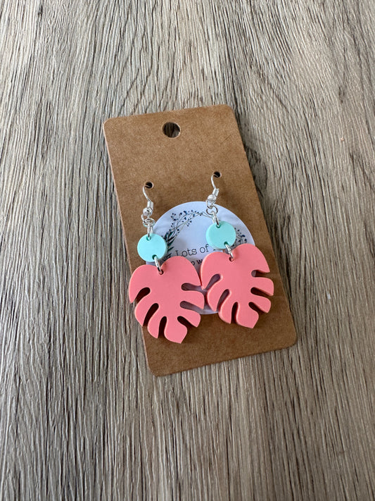 Coral with Mint Mini Monstera Earrings