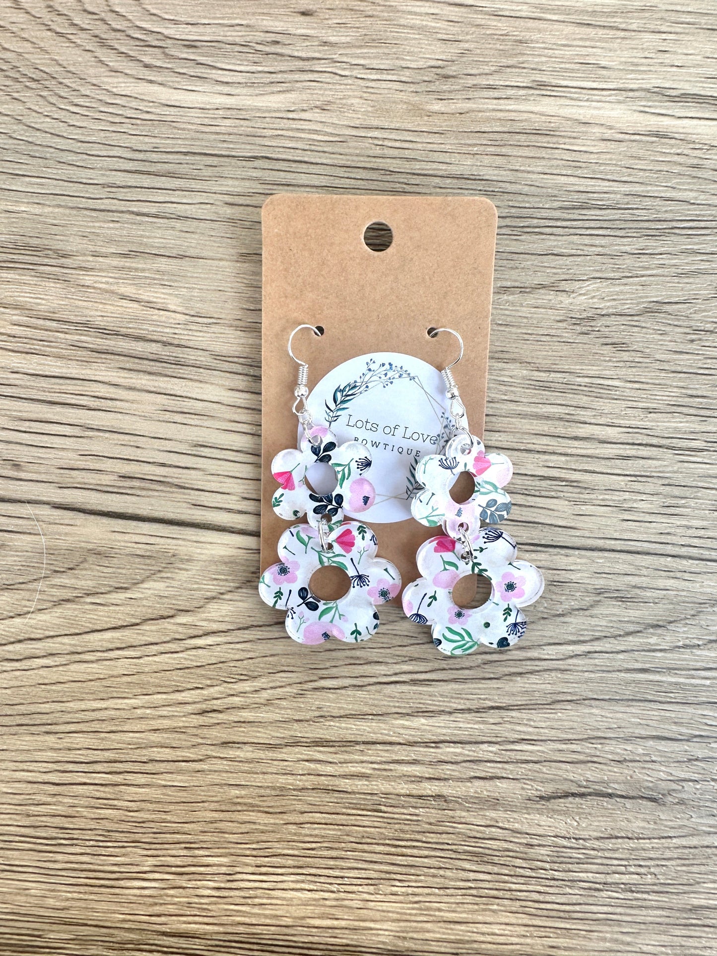 Pink and Navy Floral Double Daisy Earrings