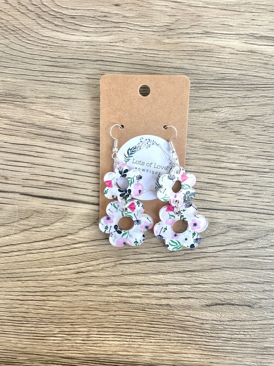 Pink and Navy Floral Double Daisy Earrings