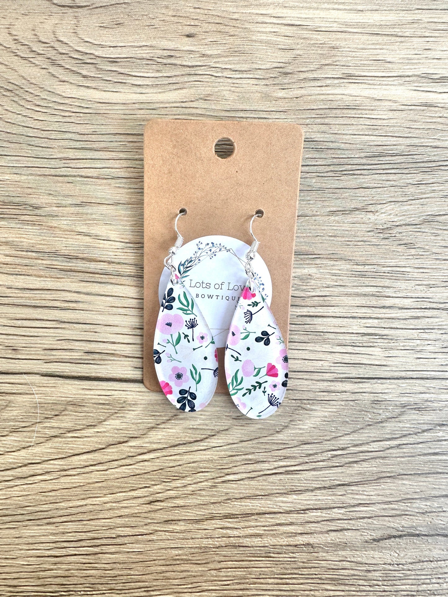 Pink and Navy Floral Skinny Teardrop Earrings