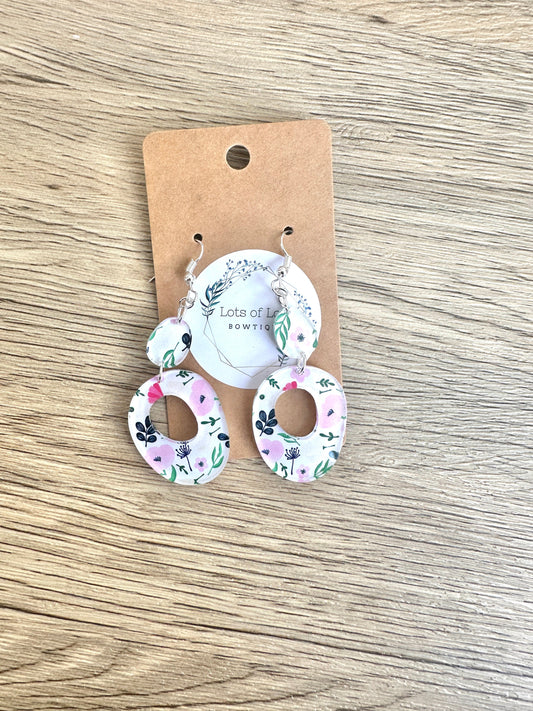 Pink and Navy Floral Oval Drop Earrings