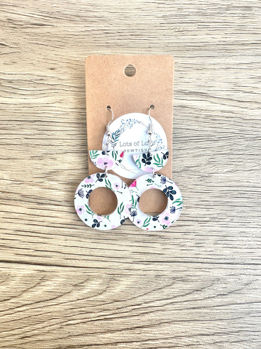 Pink and Navy Floral Circle Half Circle Drop Earrings