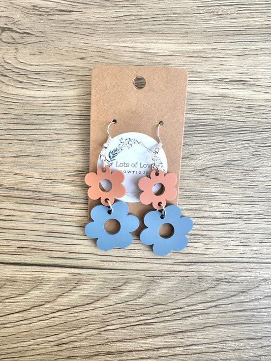 Terracotta and Dusty Blue Double Daisy Earrings