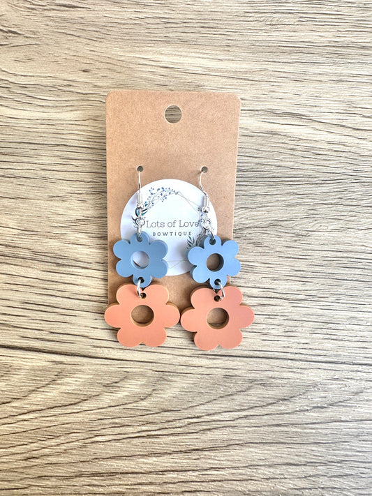 Dusty Blue and Terracotta Double Daisy Earrings