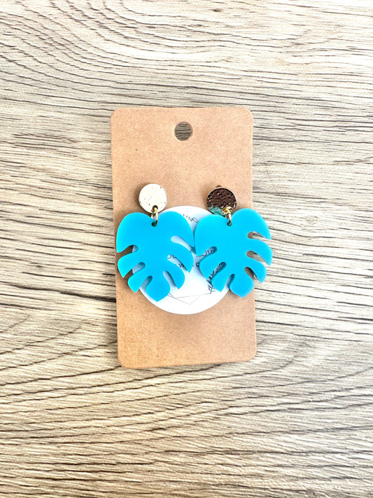 Matte Turqouise Monstera Stud Drop Earrings