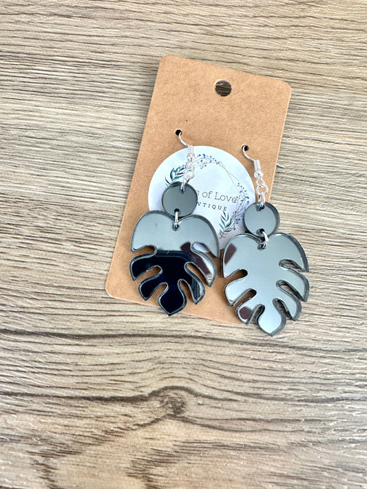 Charcoal Mirror Monstera Leaf Earrings