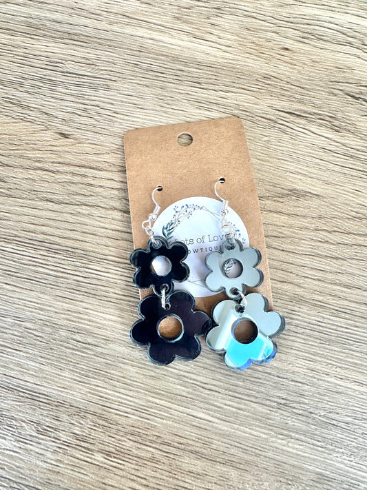 Charcoal Mirror Double Daisy Earrings