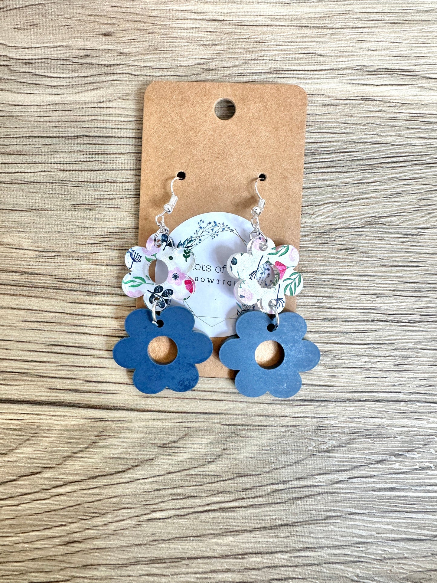 Matte Navy and Floral Double Daisy Earrings