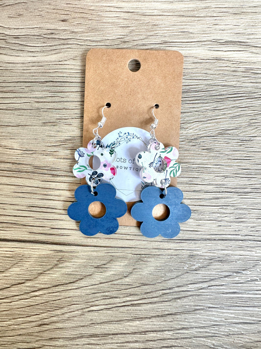 Matte Navy and Floral Double Daisy Earrings
