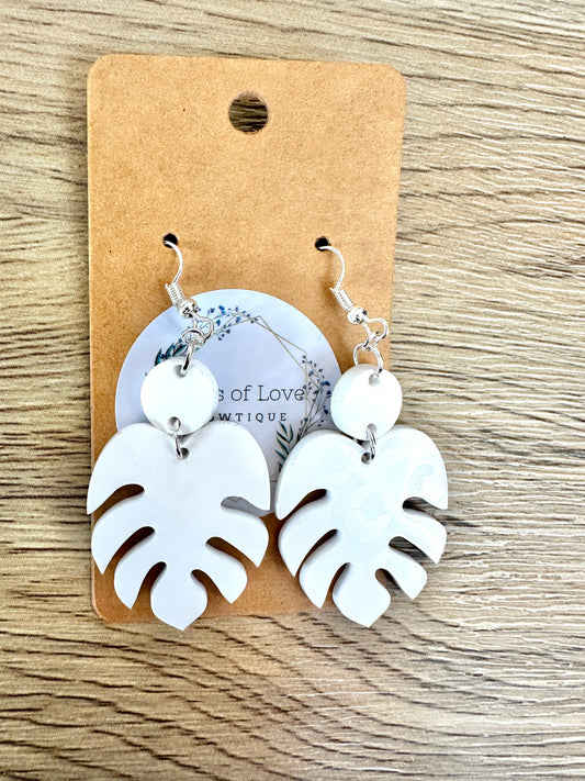 Matte and Shine White Leopard Monstera Leaf Earrings