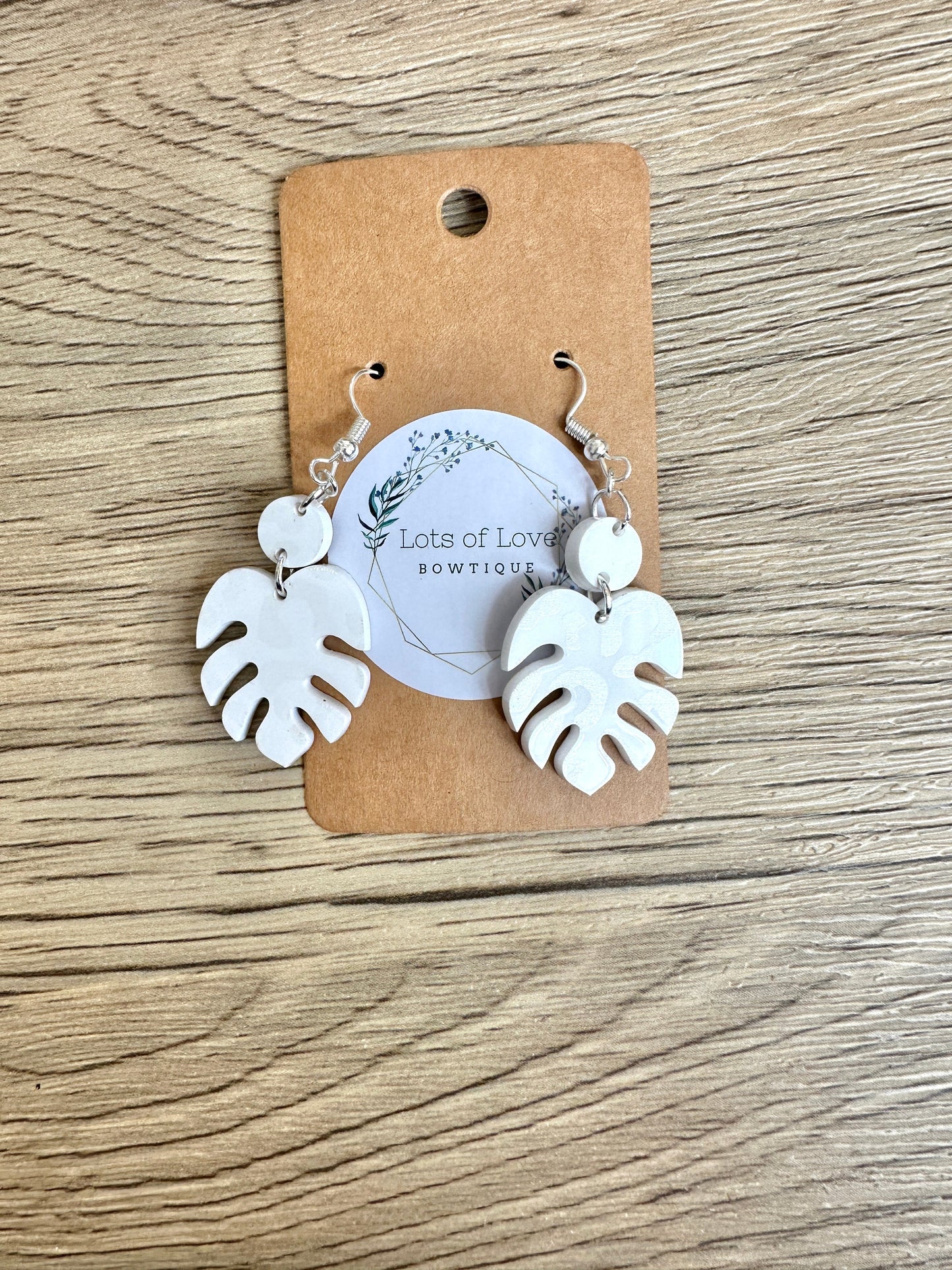 Matte and Shine White Leopard Mini Monstera Leaf Earrings