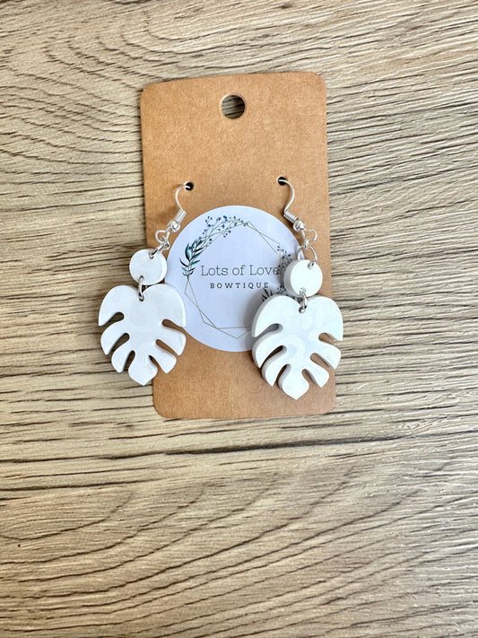 Matte and Shine White Leopard Mini Monstera Leaf Earrings