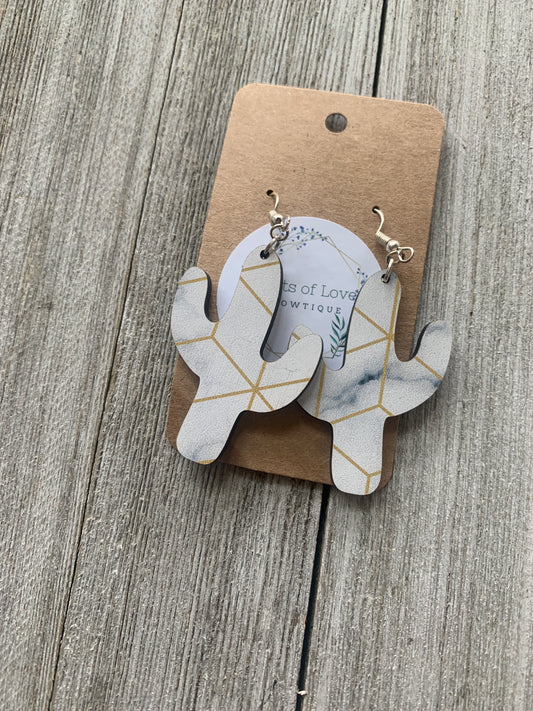 White and Gold Marble Cactus Earrings