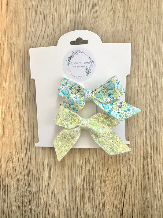 Blue and Green Floral and Honeydew Glitter Ponytail Set