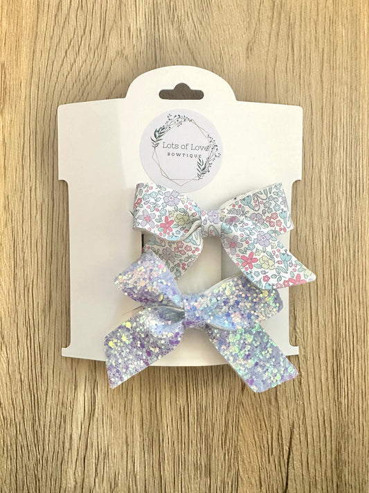 Spring Floral and Lavender Glitter Ponytail Set