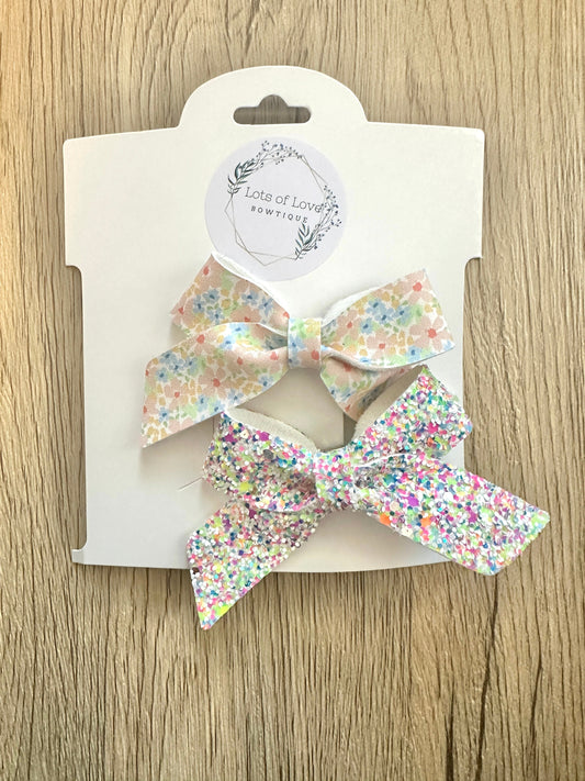 Coral and Blue Floral and Rainbow Confetti Ponytail Set