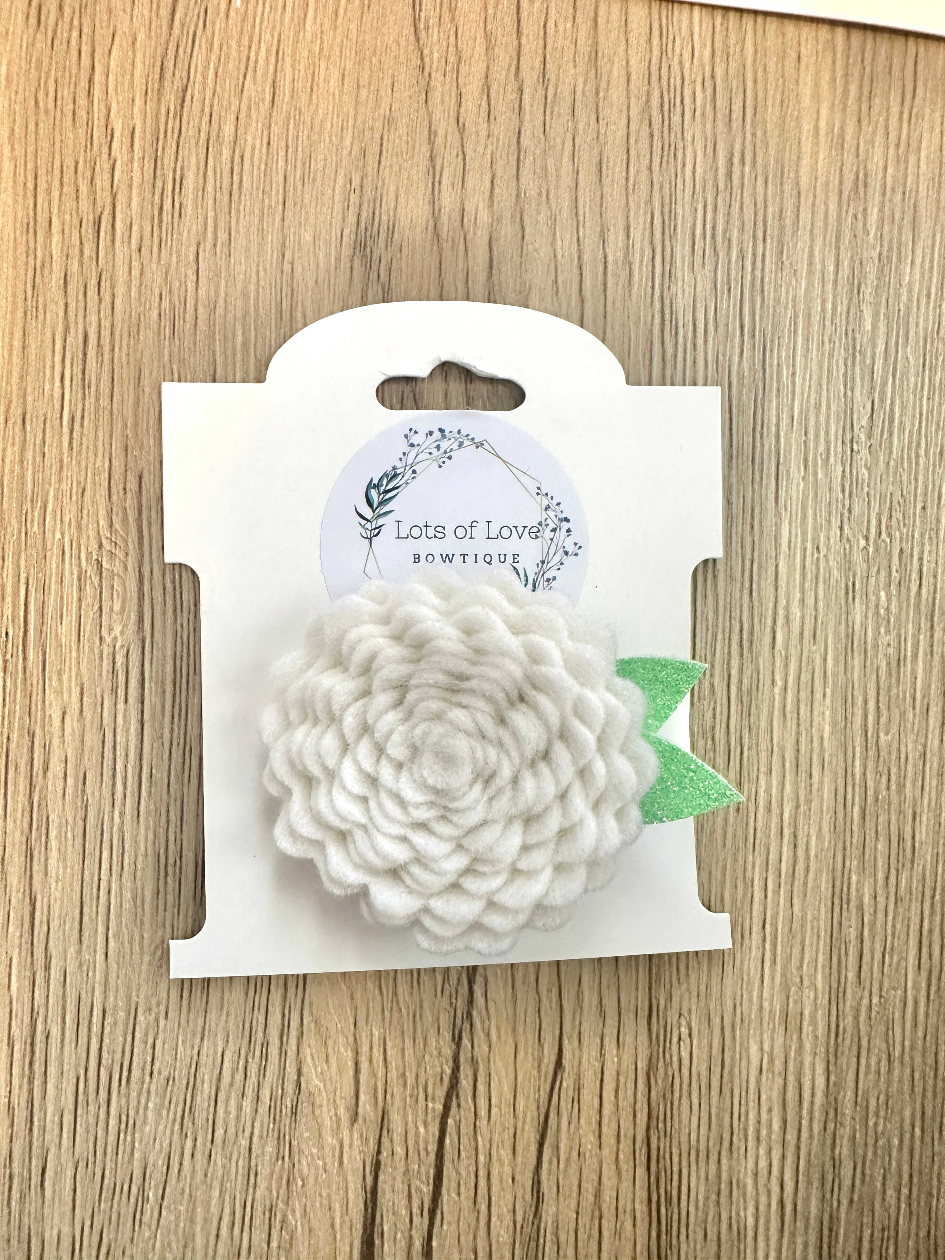 White Felt Flower Clip with Green Glitter