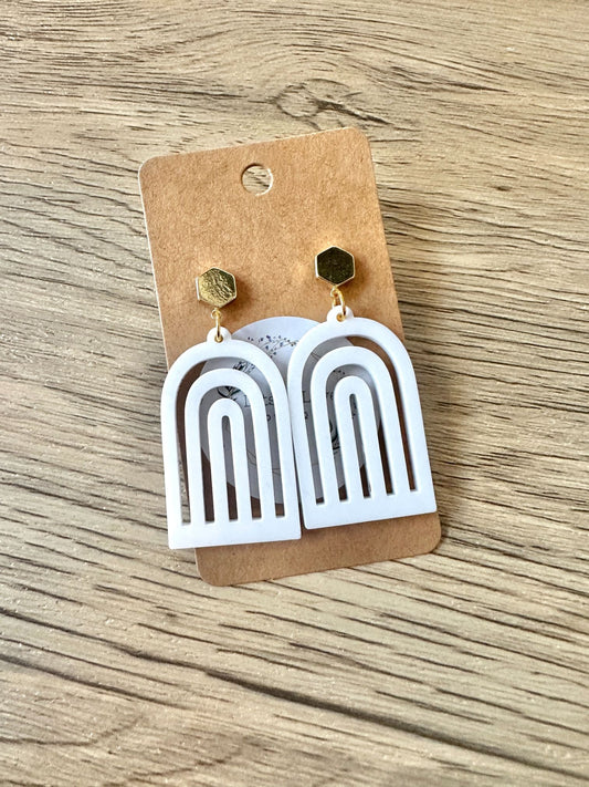 White Matte Gold Hexagon Rainbow Earrings