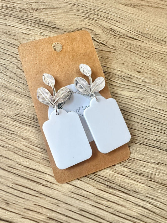 White Matte Tag Silver Earrings