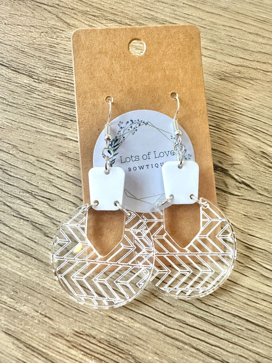 White Circle Herringbone Engraved Earrings