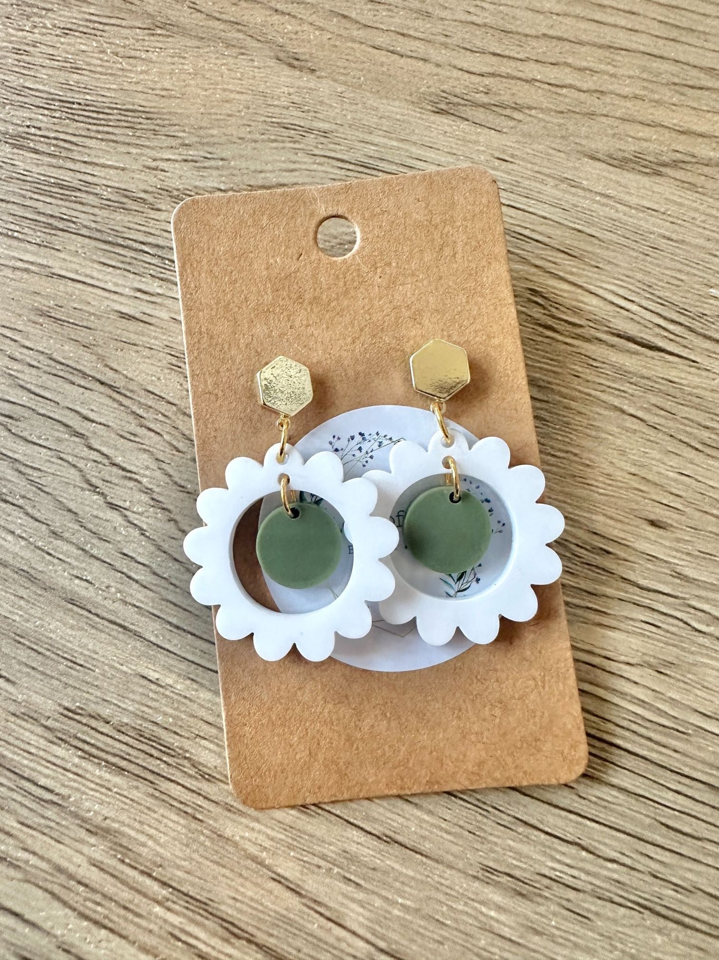 White Matte and Olive Daisy Stud Drop Earrings