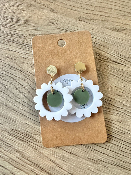 White Matte and Olive Daisy Stud Drop Earrings