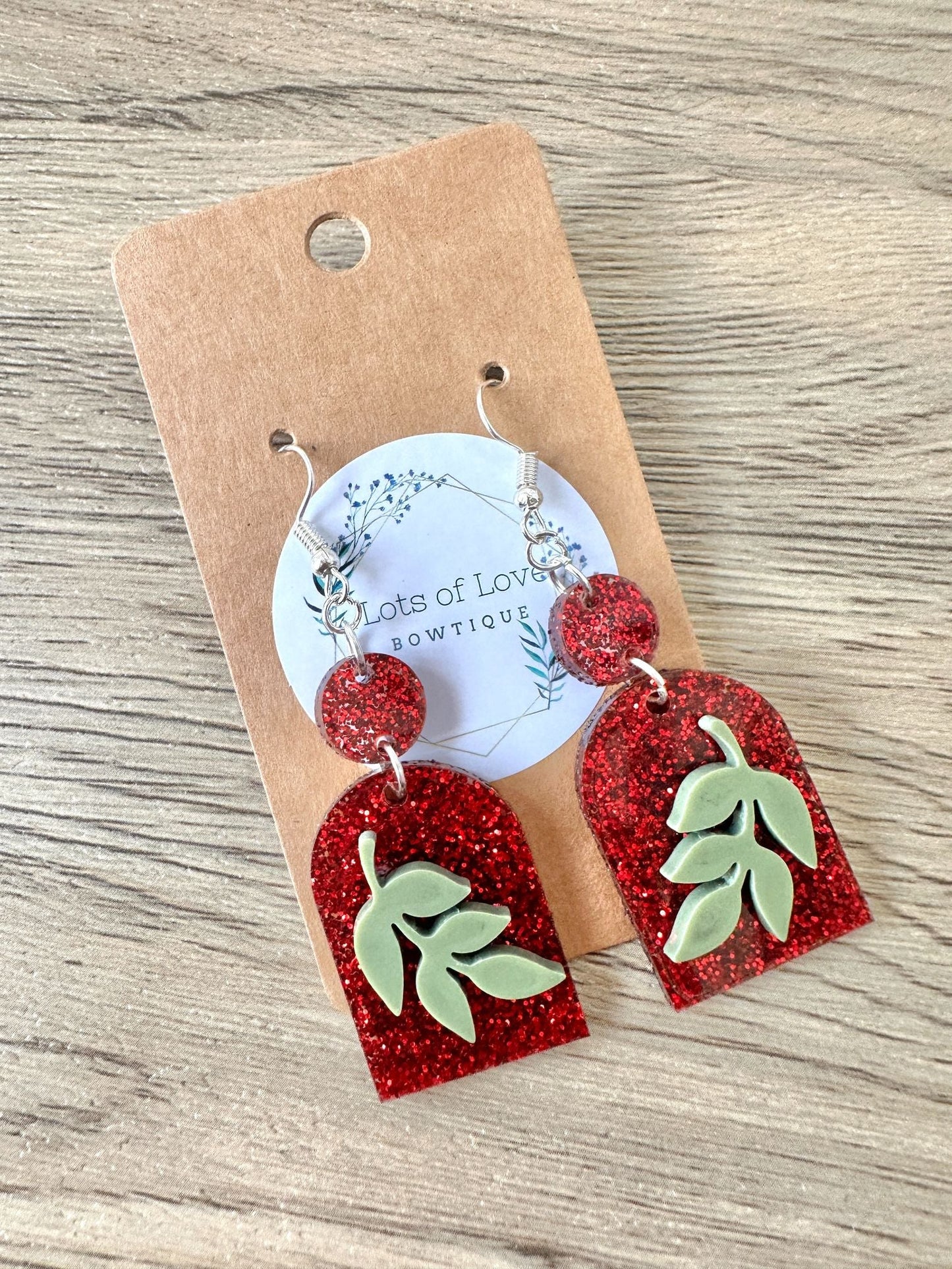 Red Glitter Arch with Olive Leaf Earrings