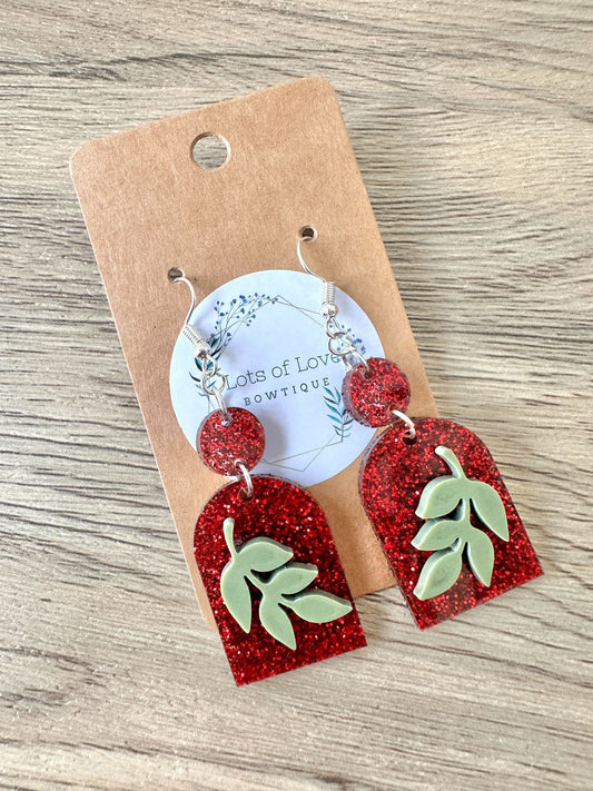 Red Glitter Arch with Olive Leaf Earrings