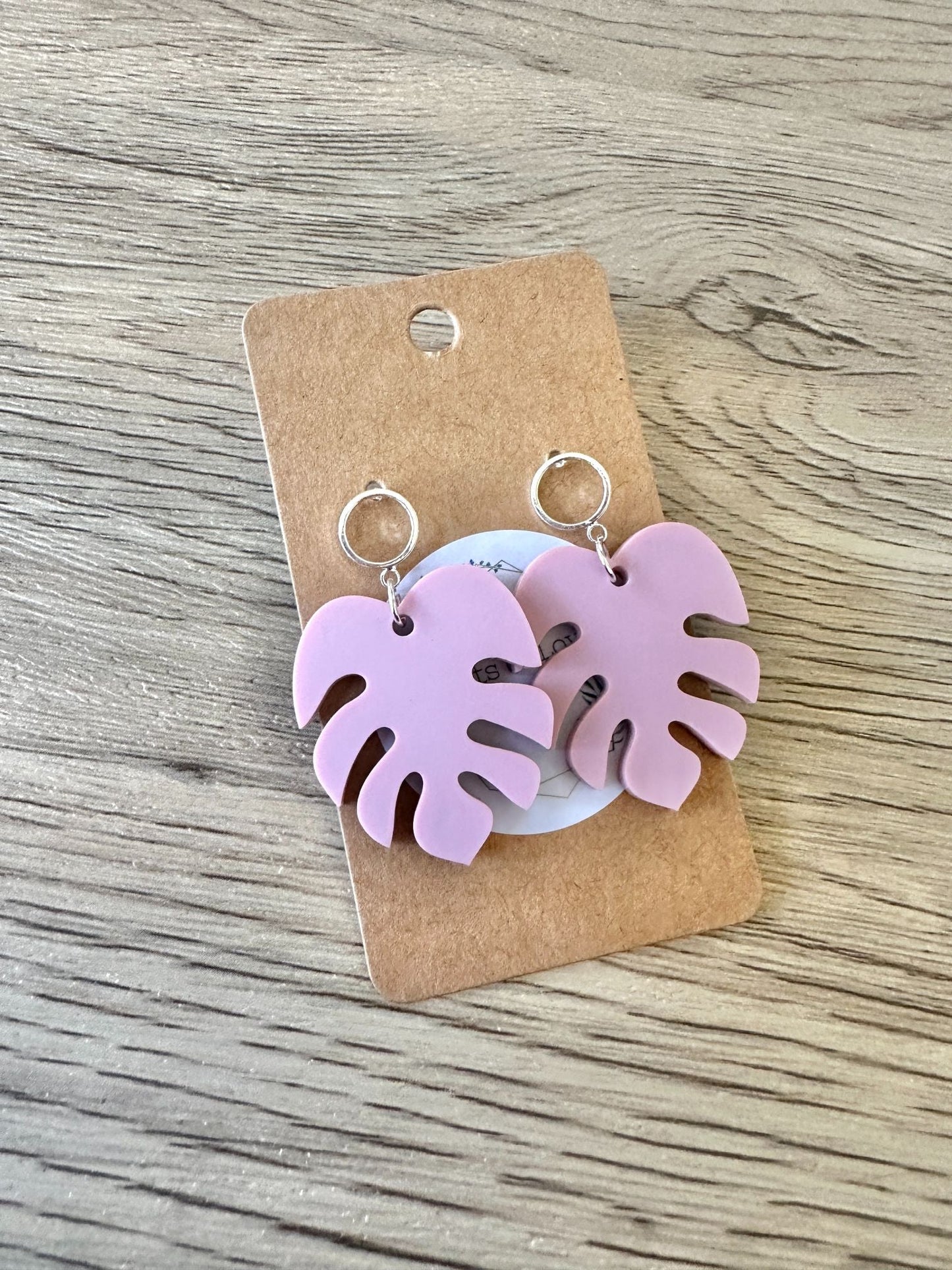 Matte Dusty Rose Silver Circle Monstera Stud Drop Earrings