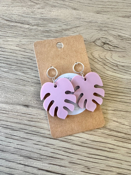 Matte Dusty Rose Silver Circle Monstera Stud Drop Earrings