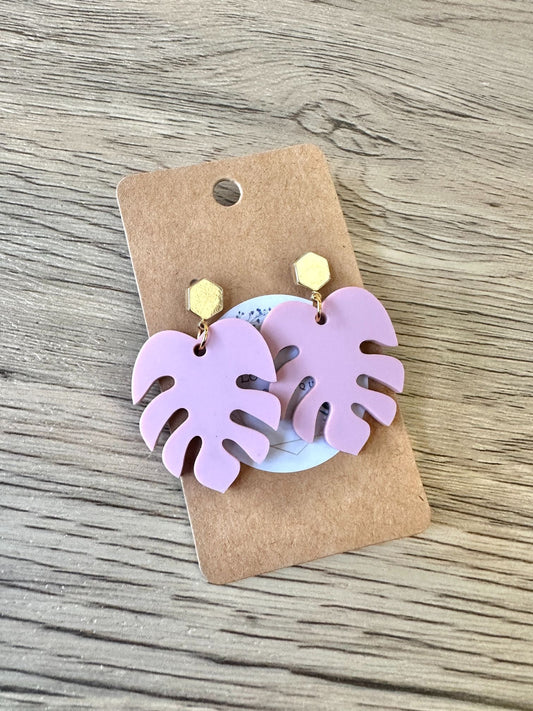 Matte Dusty Rose Gold Hexagon Monstera Stud Drop Earrings