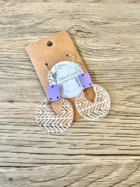Matte Purple Circle Herringbone Engraved Earrings