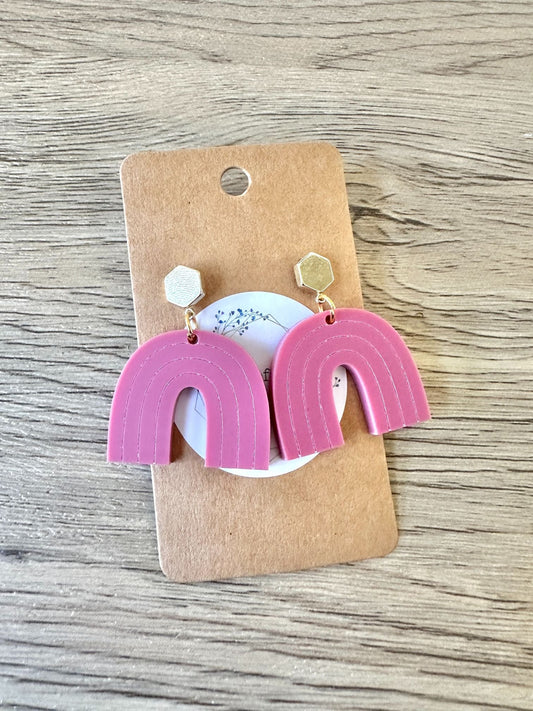 Matte Mullberry Gold Hexagon Rainbow Earrings