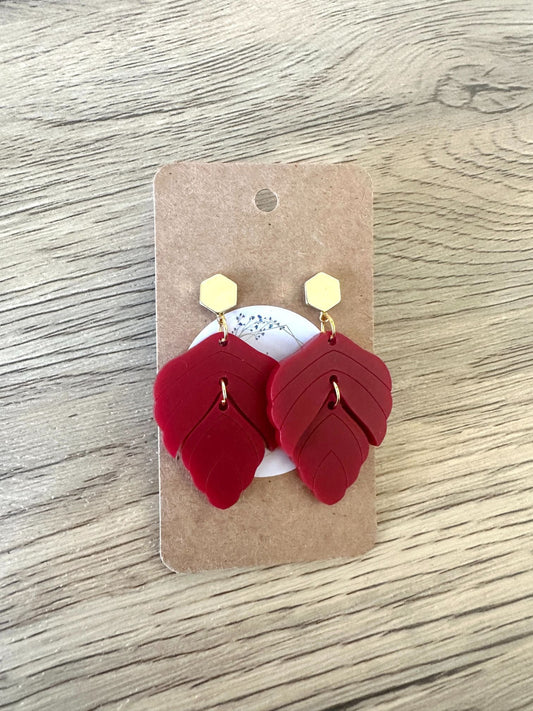 Matte Burgandy Double Leaf Gold Stud Drop Earrings