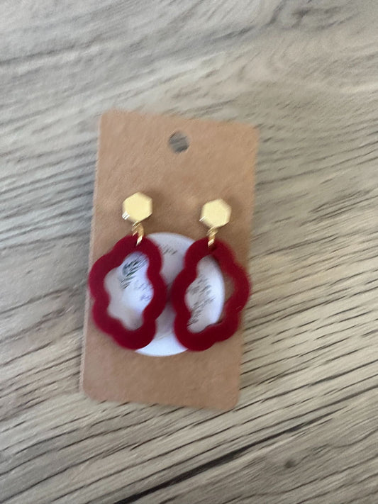 Matte Burgandy Cloud Gold Hexagon Stud Drop Earrings