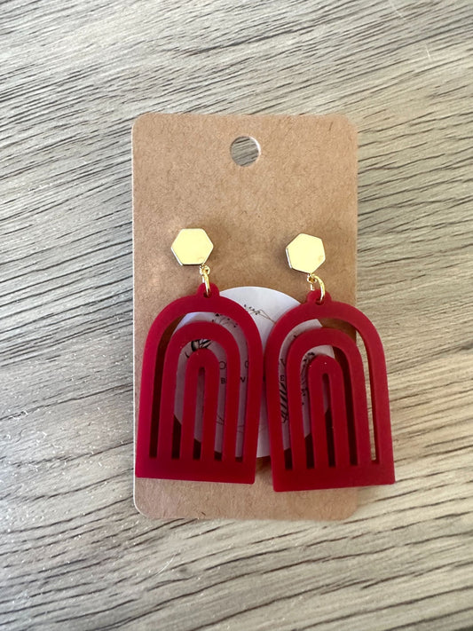 Matte Burgandy Rainbow Hexagon Stud Drop Earrings