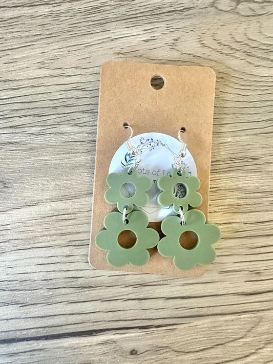 Matte Olive Double Daisy Earrings