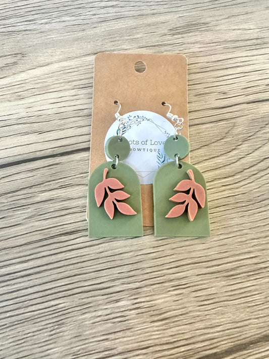 Matte Olive and Rust Leaf Earrings