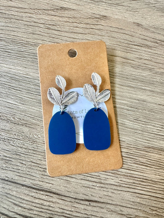 Matte Navy Filled Arch Silver Leaf Stud Drop Earrings