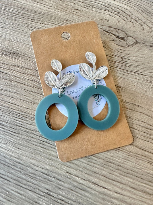 Matte Green Circle Silver Leaf Stud Drop Earrings