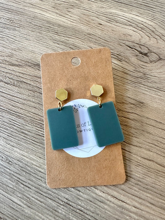 Matte Green Rectangle Gold Hexagon Stud Drop Earrings